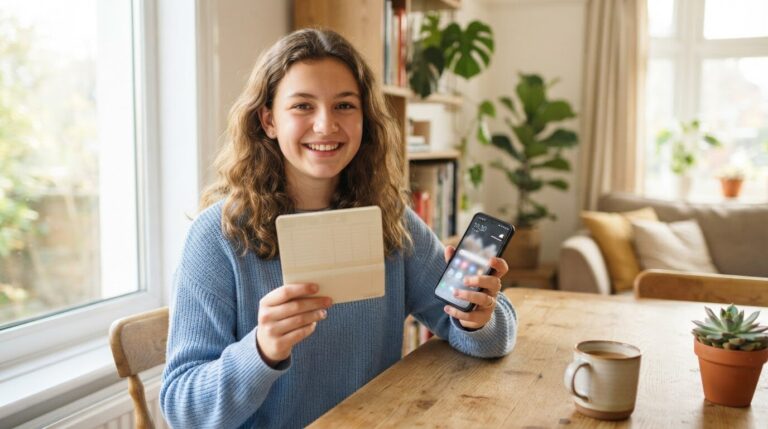 Adolescent souriant tenant un carnet d'épargne et son smartphone chez lui