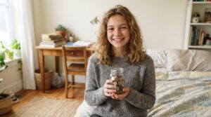 Adolescente souriante tenant un bocal de pièces dans sa chambre, première épargne avec un livret jeune