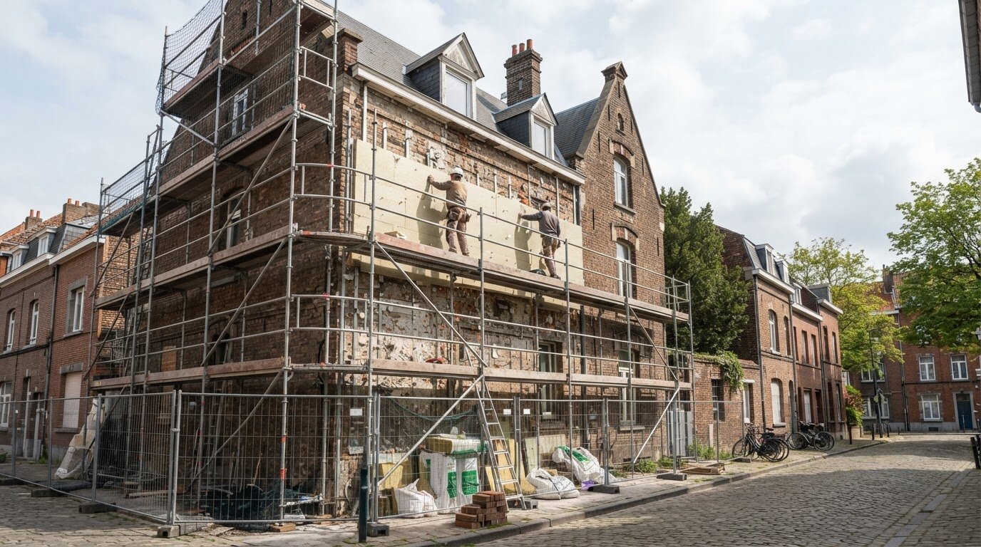 Échafaudage sur la façade en briques d'un immeuble ancien lillois en rénovation énergétique