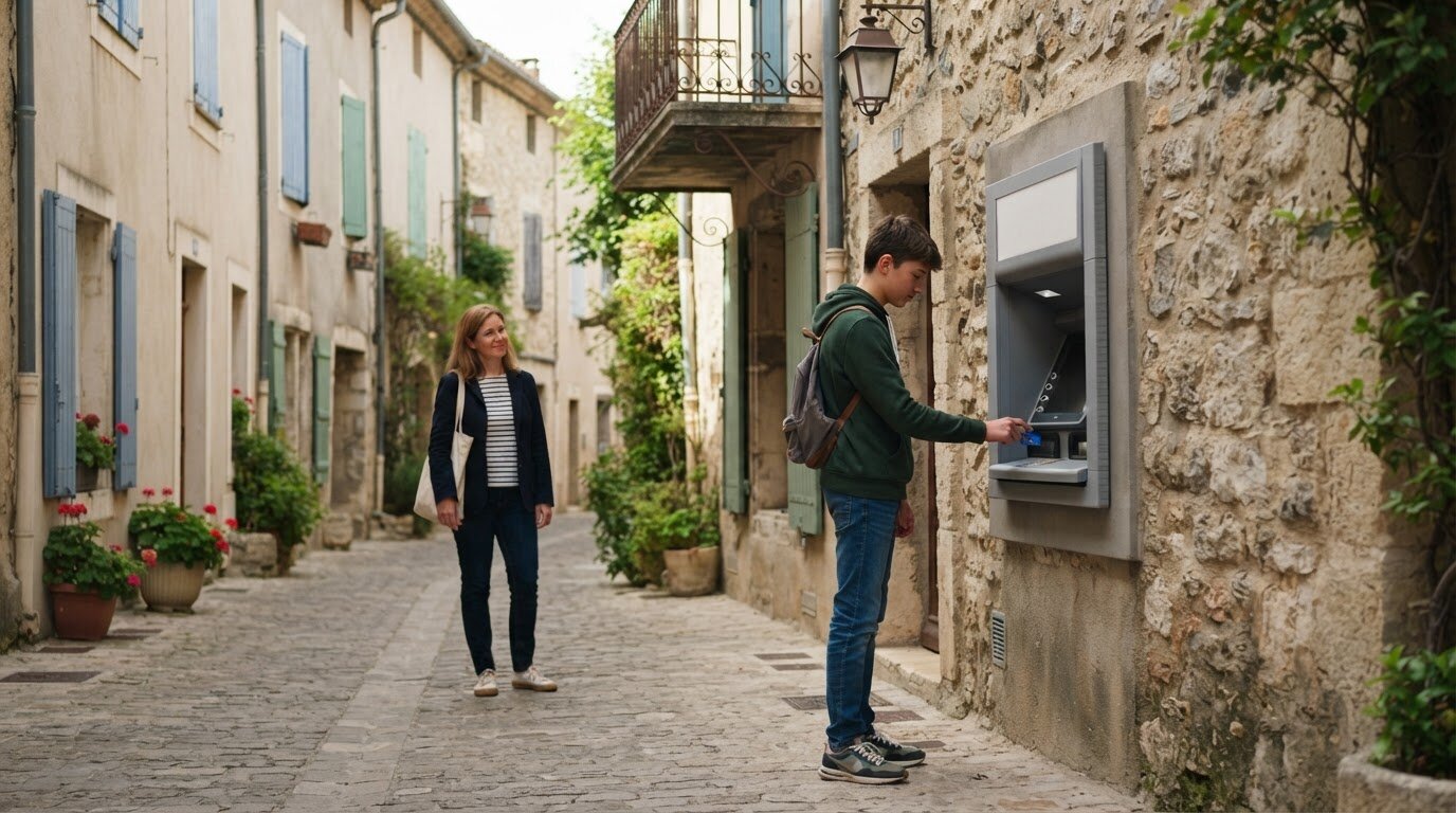 Adolescent retirant de l'argent à un distributeur dans une rue, un parent l'attendant quelques pas derrière