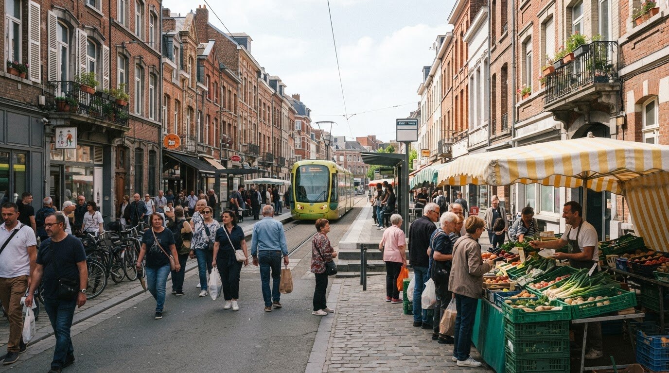 Rue animée du quartier de Wazemmes à Lille avec maisons en briques
