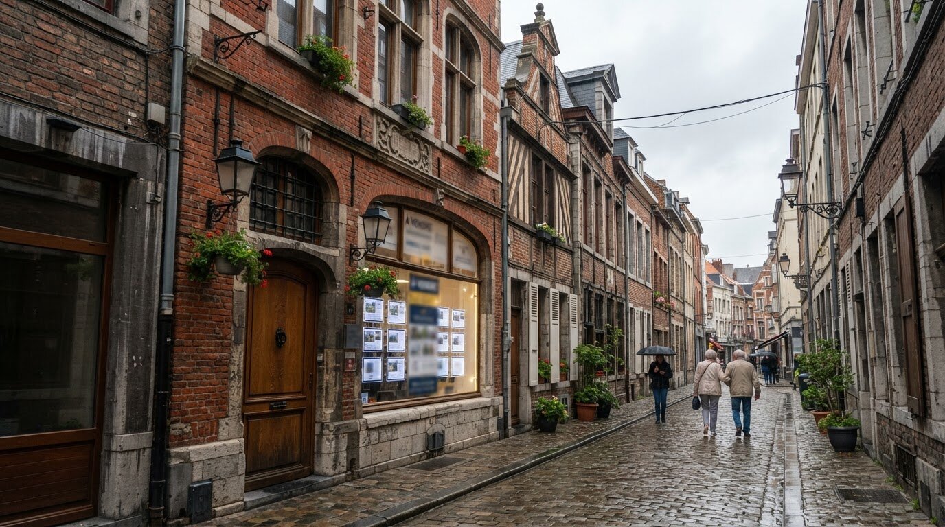 Façades en briques d'une rue du Vieux-Lille avec vitrine d'agence immobilière