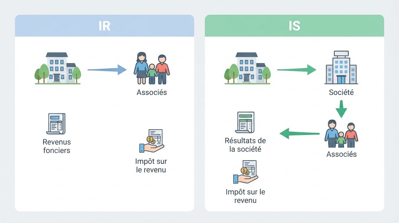 Schéma comparant SCI à l'IR et à l'IS Schéma comparant le circuit de l'impôt d'une SCI à l'IR et d'une SCI à l'IS