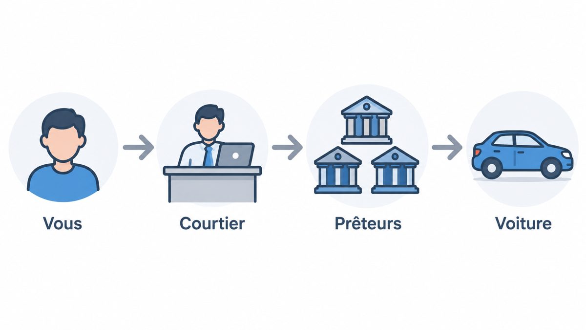 Rôle du courtier crédit auto Schéma du rôle d'intermédiaire du courtier entre emprunteur et prêteurs