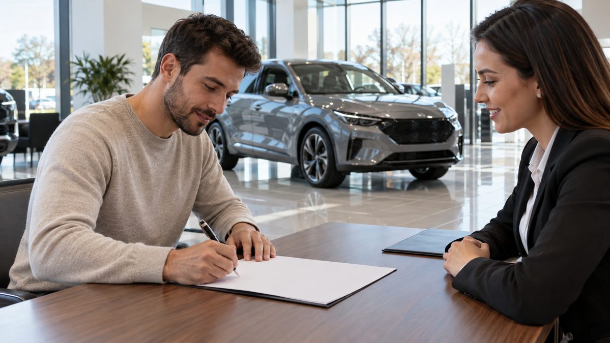 Signature d'une offre de crédit auto Client signant une offre de crédit auto dans une concession devant le conseiller