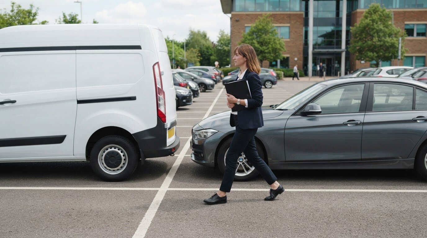 Utilitaire blanc et berline grise garés côte à côte sur le parking d'une entreprise